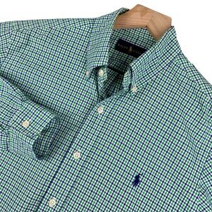 Ralph Lauren Shirt Mens Medium Green Blue Check Button Down Preppy Office